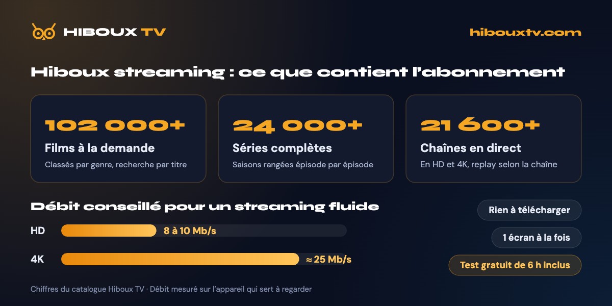 Hiboux streaming : le catalogue en chiffres (films, séries, chaînes) et le débit conseillé pour la HD et la 4K